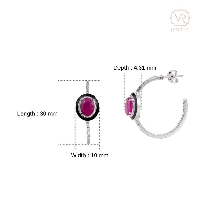 Art Deco 14k White Gold 3.19ct Ruby, Diamond & Black Enamel Hoop Earrings- A Pair For Sale - Image 11 of 16