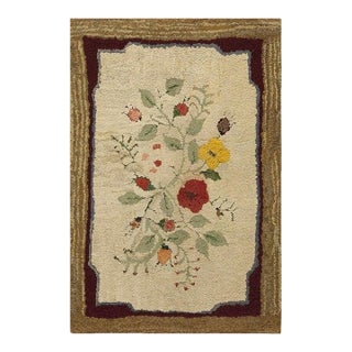 Allover Floral 1930s American Hooked Antique Beige Folk Art Woven Wool Rug For Sale