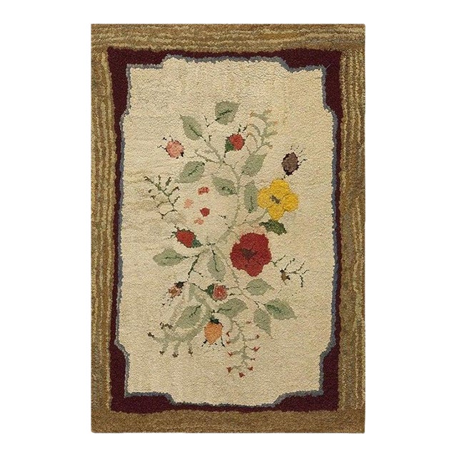 Allover Floral 1930s American Hooked Antique Beige Folk Art Woven Wool Rug For Sale