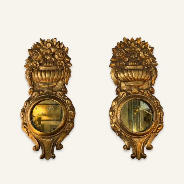 Hollywood Regency Pair Hollywood Regency Bullseye Mirrors With Ornamental Gilt Frame in the Form of Flower Baskets For Sale - Image 3 of 3