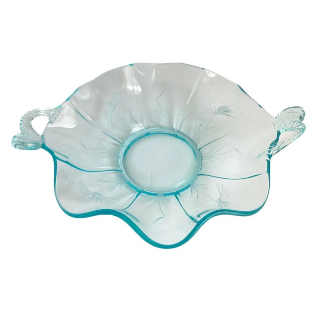 Vintage Fenton Dolphin Glass Aquamarine Blue Handled Dish Etched Bowl Koi Fish Sea Creature For Sale - Image 13 of 13