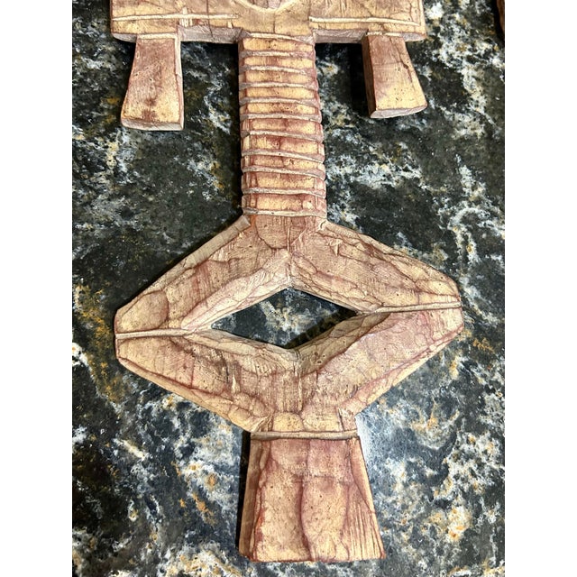 Wood Mid 20th Century Pair of Hand-Carved, African, Wooden, Tribal Figures With Unique Faces, Headdresses, and Metal Ornamentation For Sale - Image 7 of 11