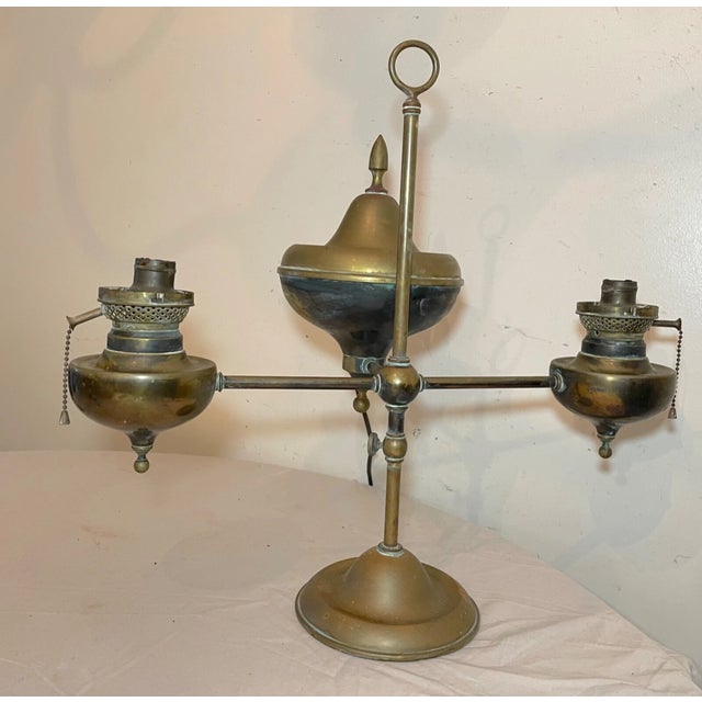 Large Antique 19th Century Electrified Two Arm Brass Oil Student Adjustable Lamp For Sale In New York - Image 6 of 13