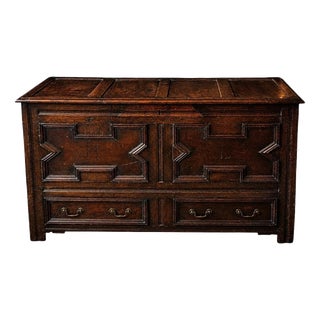 Large Victorian Oak Mule Chest Coffer with Drawers & Carved Initials For Sale