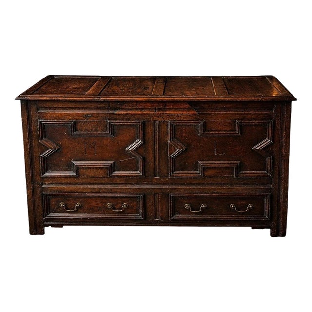 Large Victorian Oak Mule Chest Coffer with Drawers & Carved Initials For Sale
