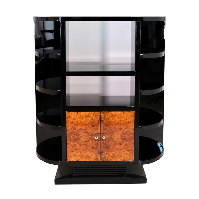 Shelving Unit in High-Gloss Black Lacquer and Door Fronts in Walnut Burl Wood, 1950s For Sale - Image 9 of 9