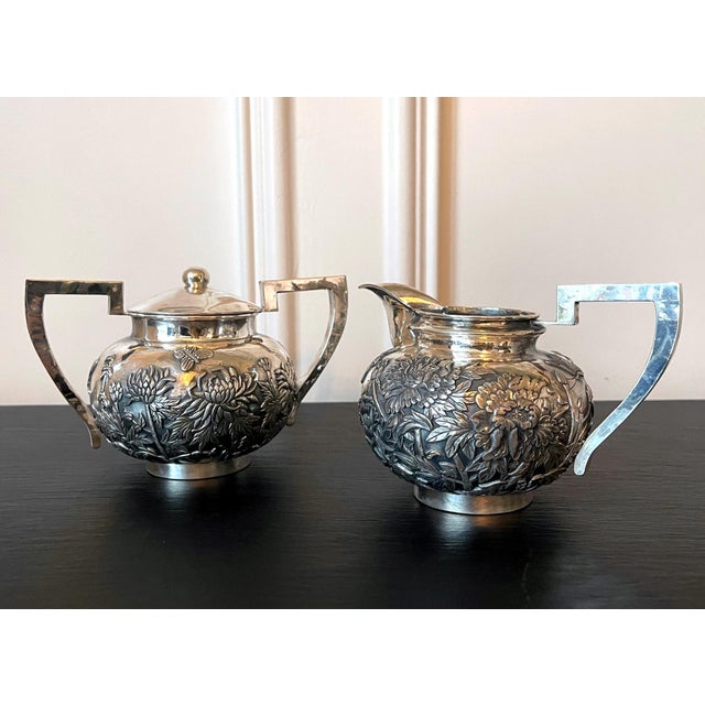 Chinese Export Sterling Silver Creamer and Sugar by Cutshing For Sale - Image 4 of 16