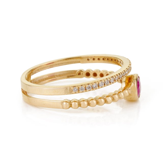 Metal Ruby & Diamond Beaded Double Band Stacking Ring Size 7 Set in 14k Yellow Gold For Sale - Image 7 of 16