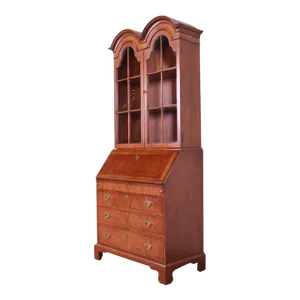 Henredon Georgian Walnut Drop Front Secretary Desk With Bookcase Hutch
