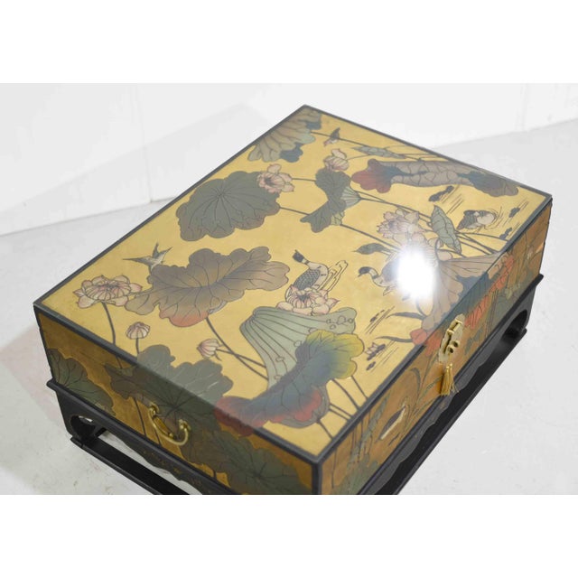 Wood Mid Century Chinoiserie Gold Lotus & Birdlife Motif Coffee Table For Sale - Image 7 of 15