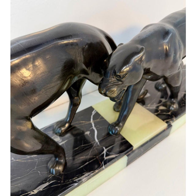 1930s Maurice Font, French Art Deco Sculpture of Panthers, 1930s, Metal on Marble Base For Sale - Image 5 of 12