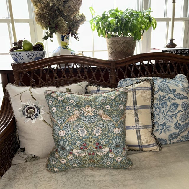 English William Morris Strawberry Thief Aqua Square Decorative Pillow With Down Feather Insert For Sale - Image 3 of 3