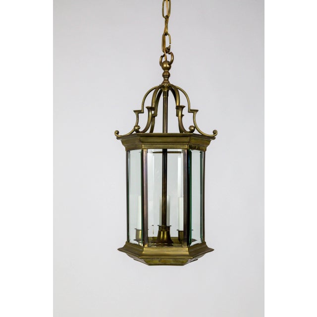 Mid-Century Italian Pagoda-Esque Bronze & Beveled Glass Lantern For Sale - Image 4 of 12
