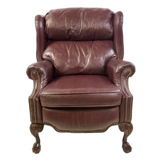 1980s Vintage Chippendale Hollywood Regency Leather Reclining Wingback Chair, Burgundy For Sale