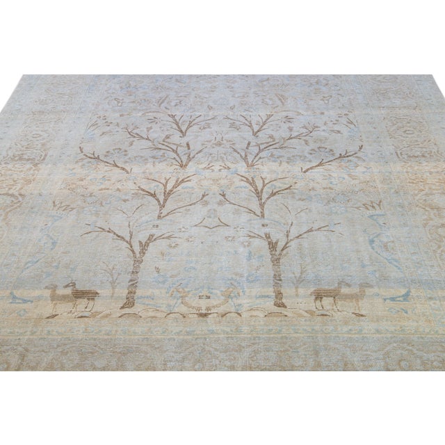 Persian 1930s Antique Tabriz Handmade Botanical Designed Blue Wool Rug For Sale - Image 3 of 8