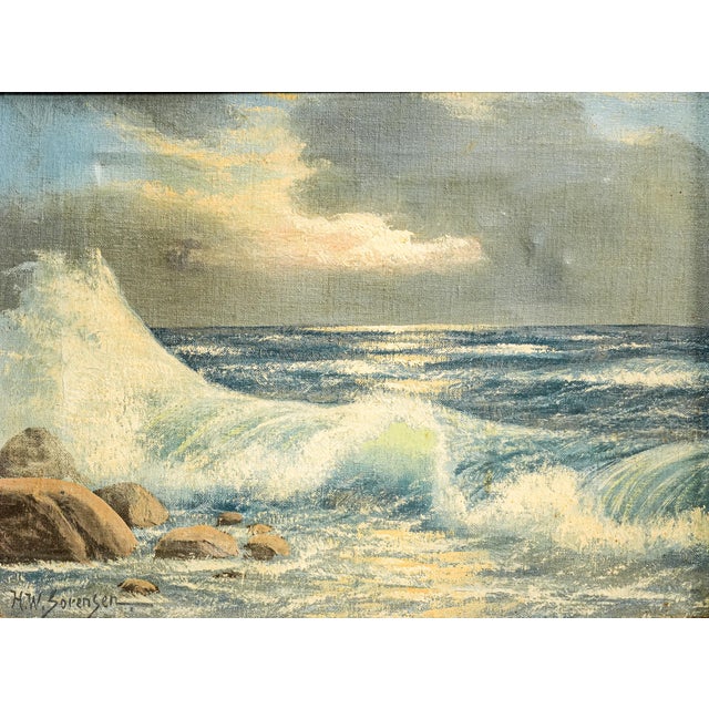 Capture the timeless drama and tranquility of the sea with this evocative mid-century seascape oil painting, a striking...