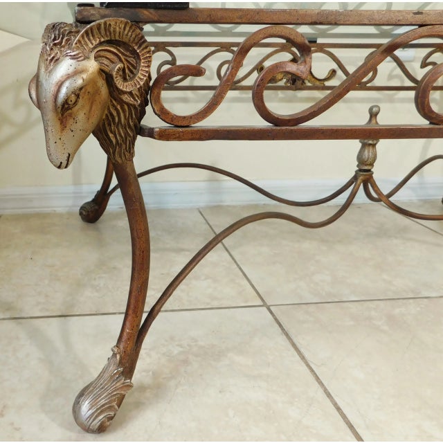 Vintage Neoclassical Wrought Iron Sculptural Ram's Head Thick Glass Top Coffee Table For Sale In West Palm - Image 6 of 13