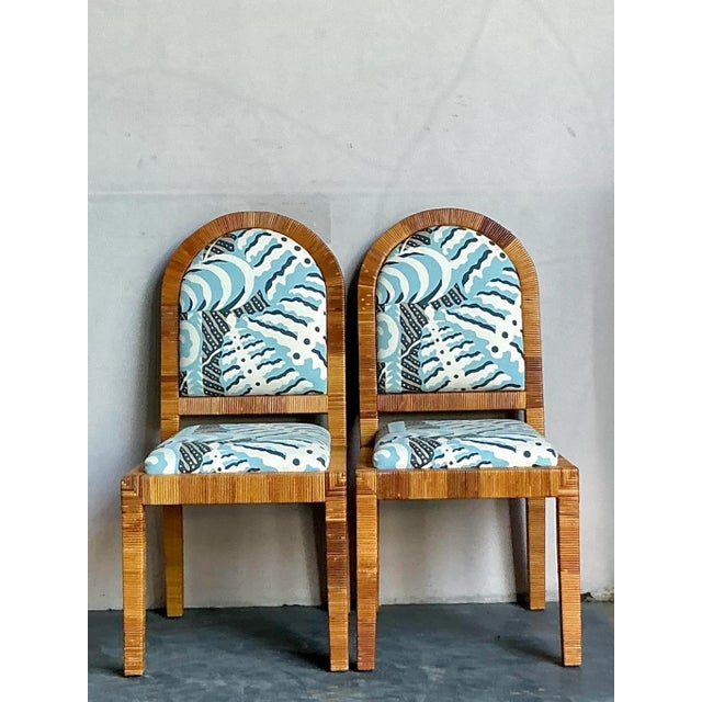 Mid-Century Modern Vintage Boho Bielecky Brothers Wrapped Rattan Dining Chairs in Alan Campbell “Ferns” - A Pair For Sale - Image 3 of 8