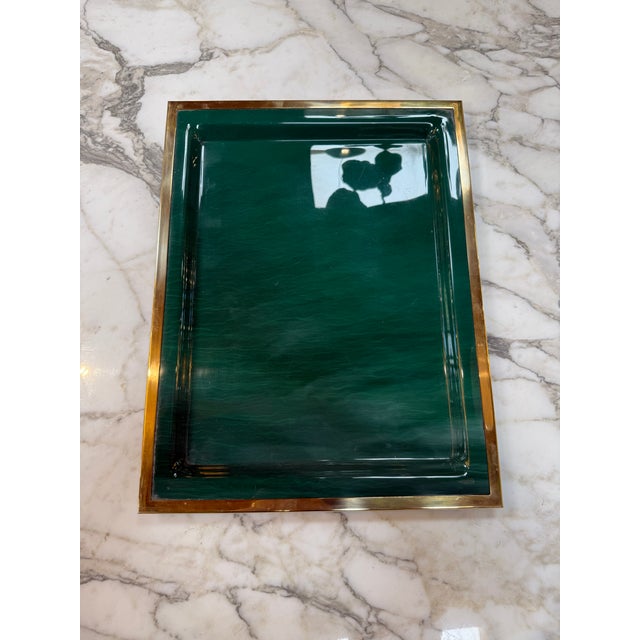 Vintage Brass & Emerald Green Lacquer Serving Tray For Sale In Los Angeles - Image 6 of 6