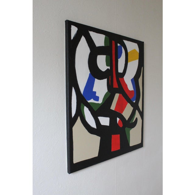Black lines intersect on a beige and white background, revealing touches of primary colors such as red, blue, green, and...