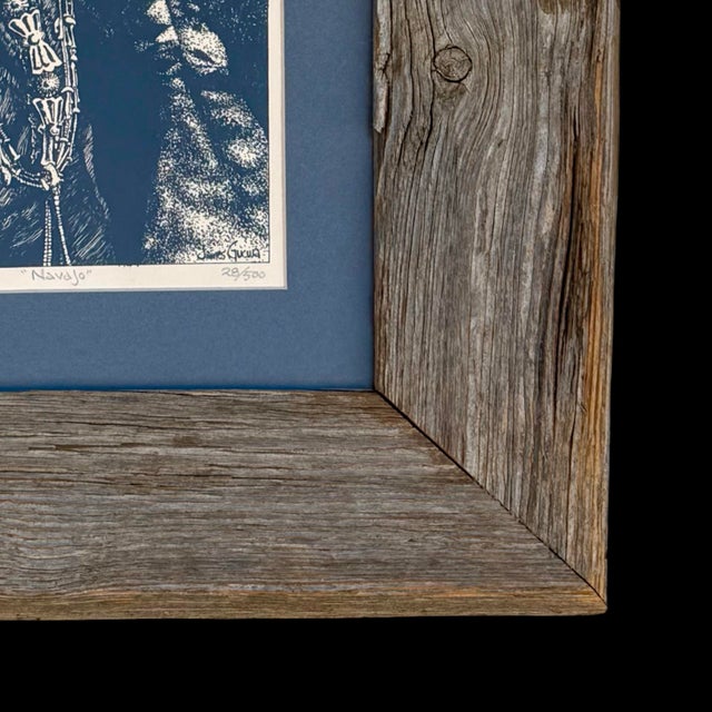 Late 20th Century Vintage James Gucwa Navajo Native American Portrait of Chief Wolf Robe W/ Rustic Wood Frame For Sale - Image 5 of 7