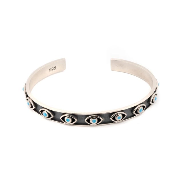 Metal Turquoise Evil Eye Sterling Silver Cuff Bangle Bracelet For Sale - Image 7 of 7