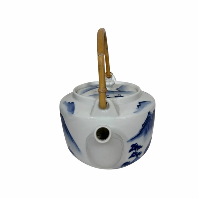 Vintage Hand Painted Blue on White Landscape Japanese Teapot For Sale - Image 6 of 7