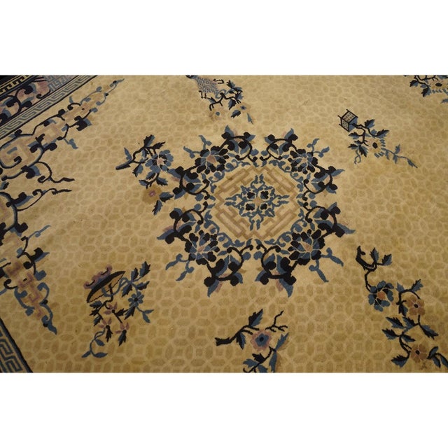 Textile 1920s Beige Geometric Antique Chinese Peking Hand Knotted Rug 11'6" X 14'9" For Sale - Image 7 of 9