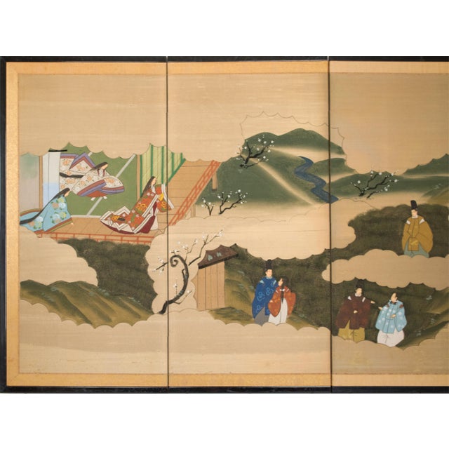 Excellent vintage Japanese 4-panel painted byobu (folding screen) "The Tale of Genji" depicts an elegant Heian Court Scene...