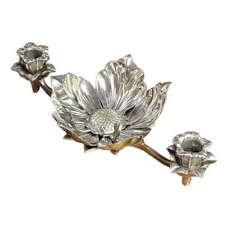 Flower Candleholder with Lotus Flower Heart Ashtray with Removable Petals in Silver-Plated Metal, 1960s For Sale