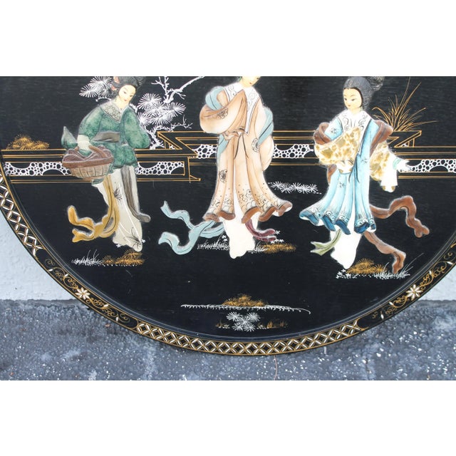 1940s Asian Chinoiserie Hand Crafted Black Lacquered and Painted Wall Art For Sale In Miami - Image 6 of 8