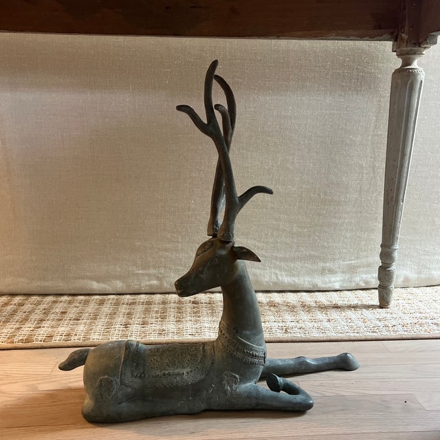 Gray Vintage Patinated Brass Recumbent Deer Statue For Sale - Image 8 of 9