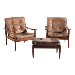 Scandinavian Leather Armchairs with Ottoman, 1960s, Set of 3 For Sale