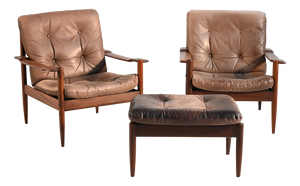 Scandinavian Leather Armchairs with Ottoman, 1960s, Set of 3