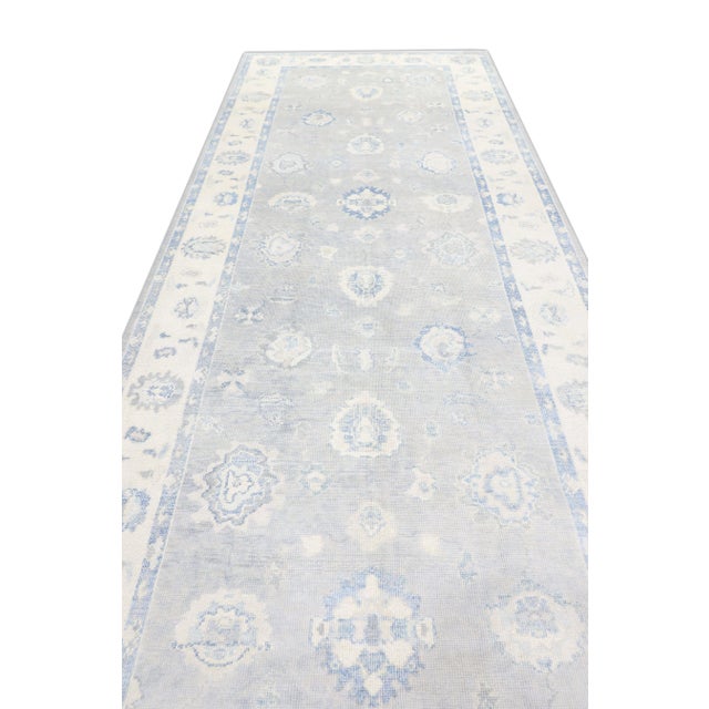 Modern Turkish Oushak Rug Blue Ivory Handwoven Wool Runner 5'9" X 16'3" For Sale - Image 3 of 9