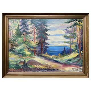 Paul Fureby, Pine Trees with a Coastal View, 1960s, Oil on Canvas, Framed For Sale