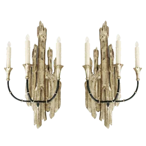 18c Style Randy Esada Designs for Prospr White Gold Carved Italian Three Arm Castle Sconces - a Pair