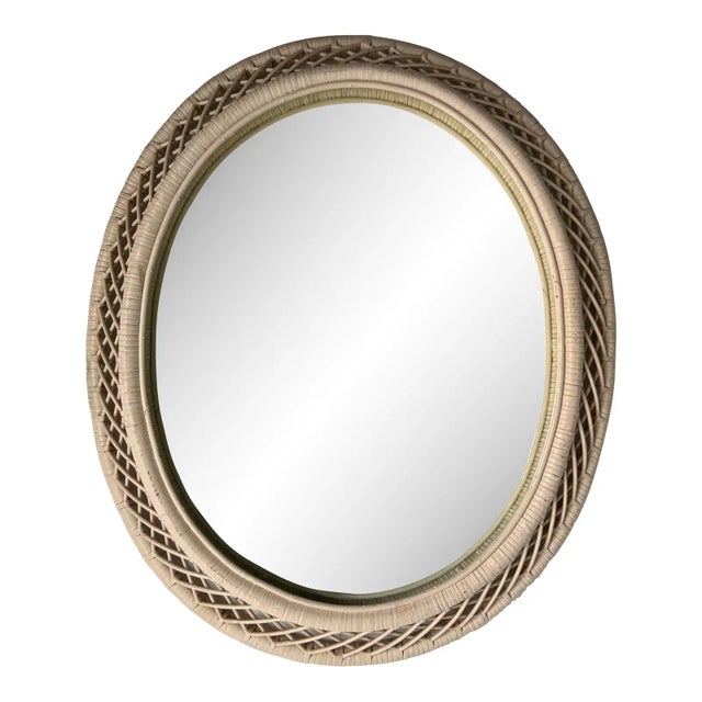 Mid-Century Modern Vintage White Rattan Oval Wall Mirror For Sale - Image 3 of 6