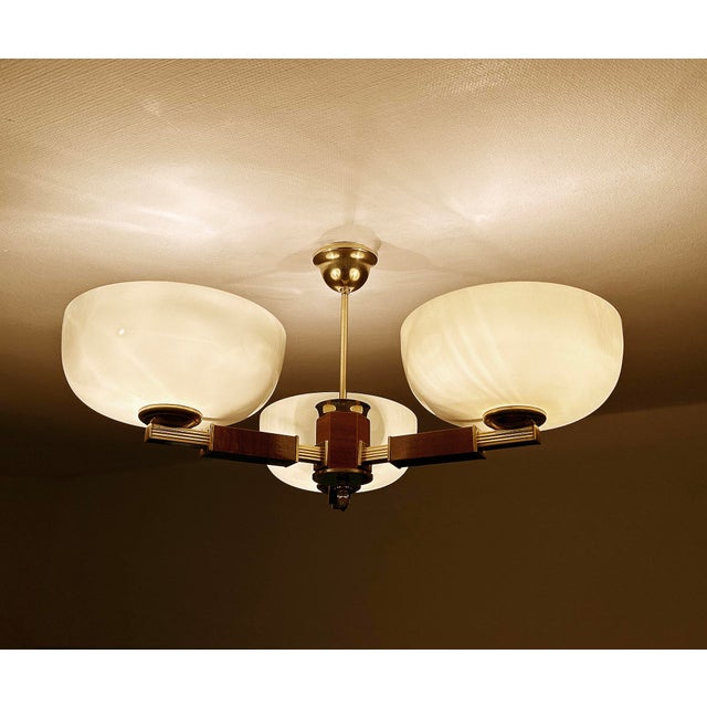 Large Art Deco Pendant Light in Wood and Glass, 1930s For Sale - Image 4 of 18