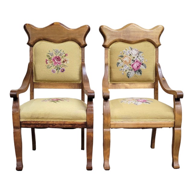 Vintage French Louis XV Empire Style Needlepoint Armchairs For Sale