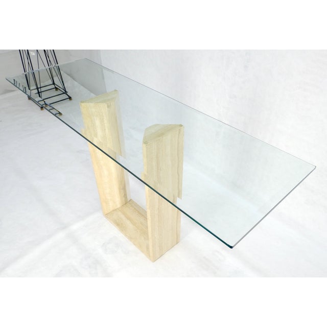 Mid-Century Modern Travertine Sculptural Low Profile U Shape Base Glass Top Console Table MINT For Sale - Image 3 of 14