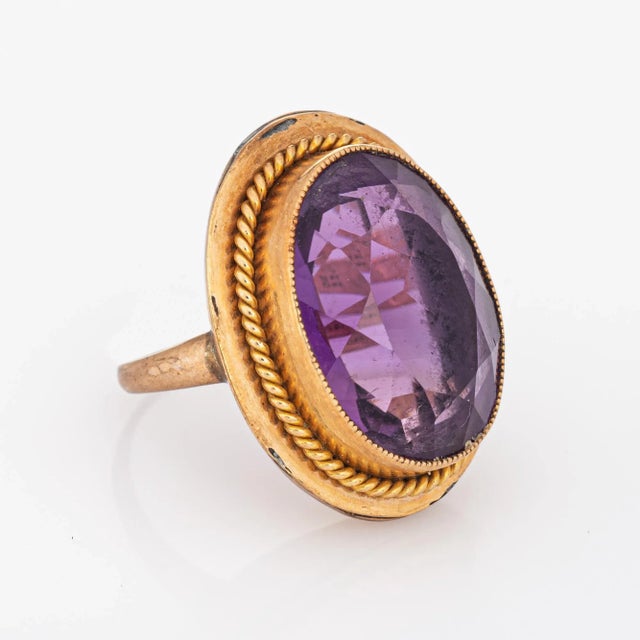 Art Deco Early 20th Century Vintage Art Deco Ring 12ct Amethyst 10k 14k Yellow Gold Large Oval Cocktail 5 size 5 For Sale - Image 3 of 7