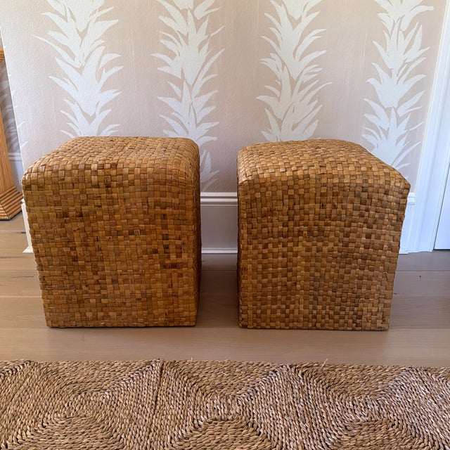 Mid-Century Modern Pair of Vintage Woven Natural Fiber Cube Ottomans For Sale - Image 3 of 12