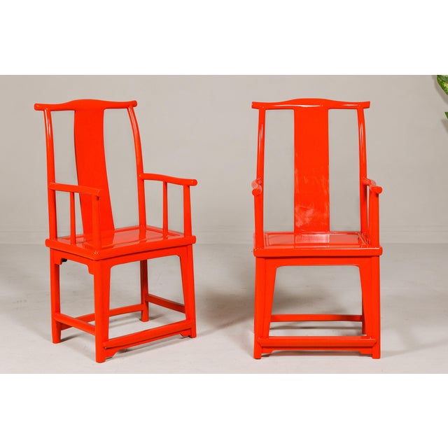 "The Lava Chair", a pair of Qing Dynasty period Yoke back armchairs from the 19th century, boldly re-lacquered in a burnt...