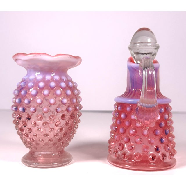 Fenton Cranberry Opalescent Hobnail Cruet & Bud Vase Pair for your consideration. The cruet measures approx. 4 3/4 inches...