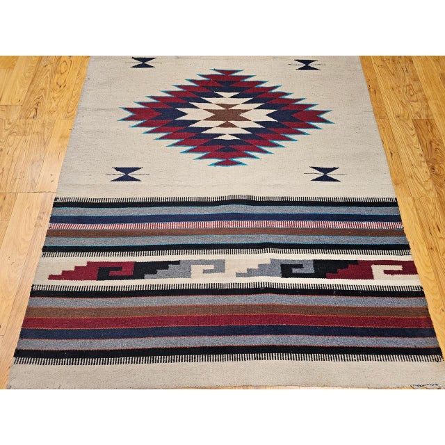 Vintage American Southwestern Saltillo Kilim Rug, Medallion & Striped Pattern, Ivory & Red, 5x7 For Sale - Image 18 of 18