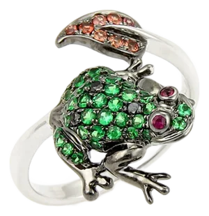 Frog Leaf Bypass 18k White Gold Tsavorite Sapphire Garnet Ring - Size 7