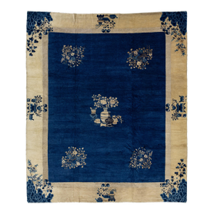 Antique Handmade Peking Chinese Wool Rug in Blue With Floral Pattern
