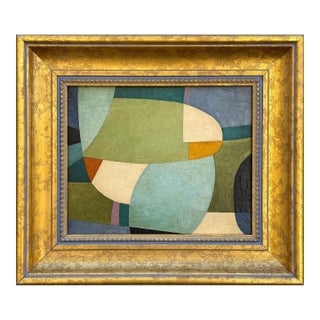 Contemporary Abstract Blue and Green Oil Painting in Vintage Frame For Sale