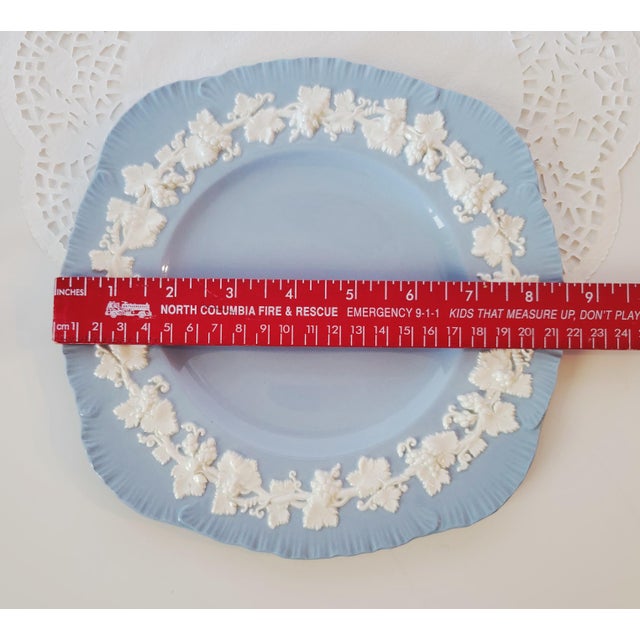 Wedgwood 1950s Wedgwood Etruria Cream on Blue Embossed Queensware 8.75" Square Salad Plate Barlaston, Lavendar on Cream Shell Ribbed Edge Pattern, Rare For Sale - Image 4 of 5